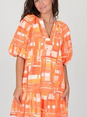 THML Orange Geometric Puff-Sleeve Dress